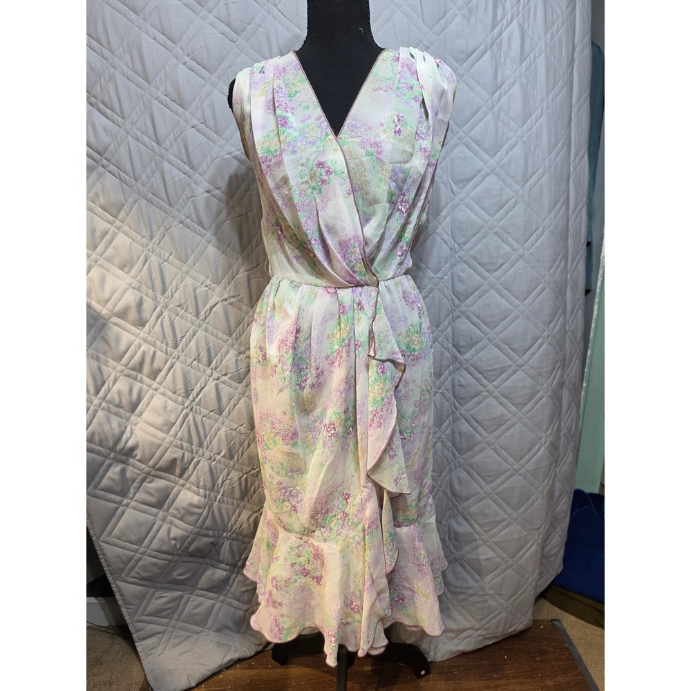 Vintage Bonwit Teller Floral Wrap Dress Sleeveless Ruffle Hem Lavender Green